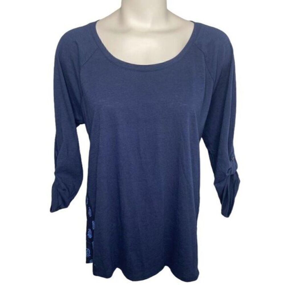 Womens Sonoma Blue Roll Tab Mixed Media Paisley Knit Woven Top‎ Sz Large NEW